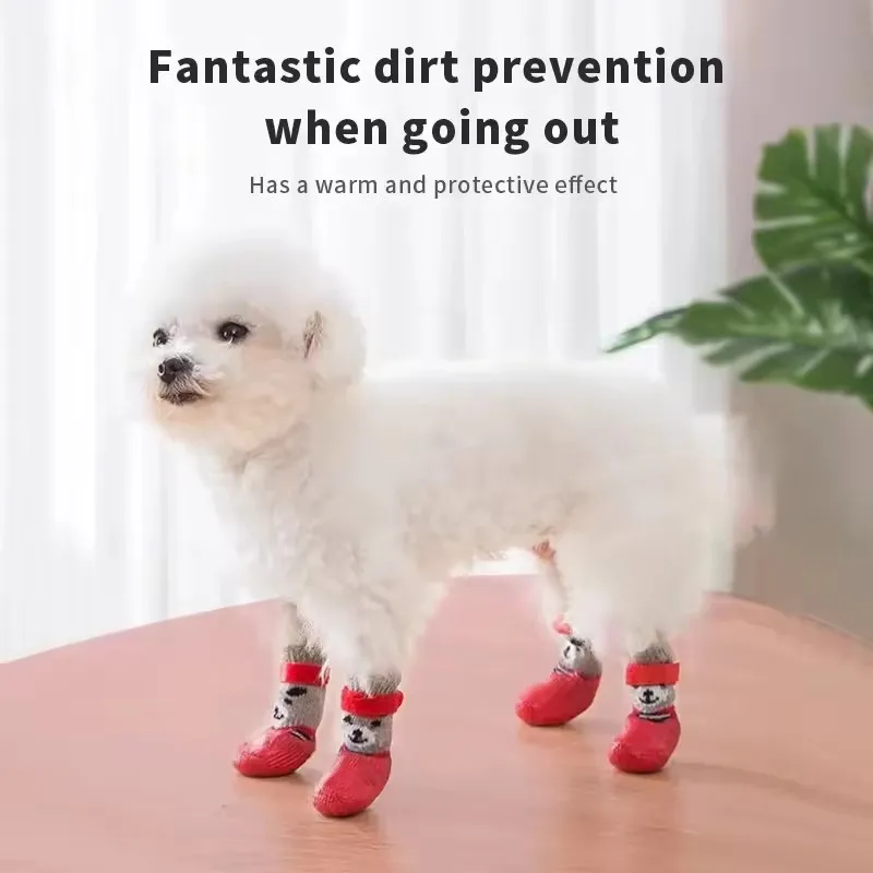 Pet Shoes Cute Bear Cotton Dog Shoes Rubber Sole Non-slip Waterproof Cats & Dogs Socks for Chihuahua Puppy Small Medium Pets Snow Boots