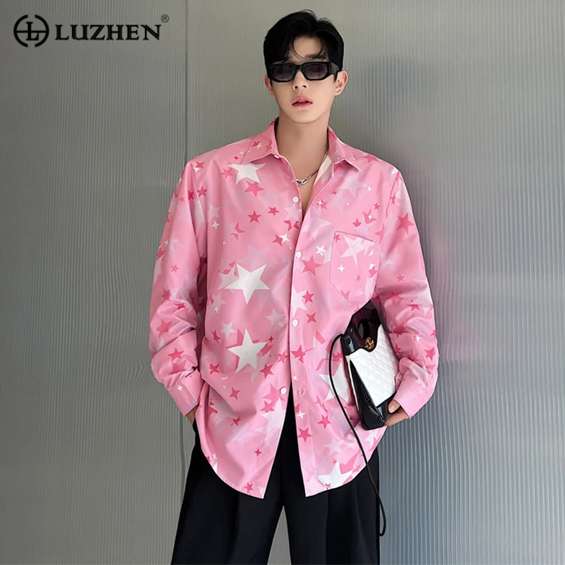 

LUZHEN Korean Printing Shirts Trend Men's Pink Loose Unisex Clothing Versatile Fashion Top Elegance Male Casual Cardigan B41daa