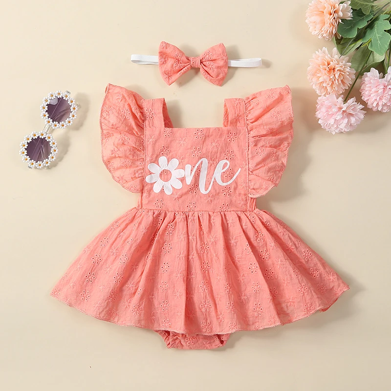 

Infant Baby Girls 1st Birthday Clothes Summer Jumpsuit Set Flower Letter Print Flying Sleeve Romper Bow Headband