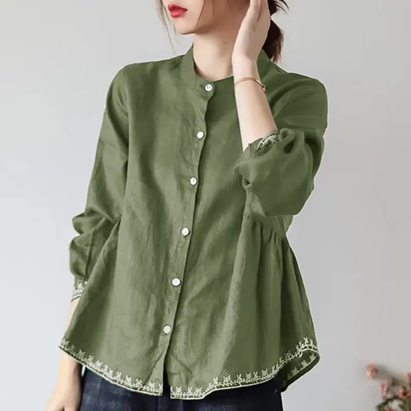 

Casual Fashion Solid Color Button Embroidery Loose Shirt Women's Clothing 2022 Autumn New Commute Tops All-match Korean Blouse