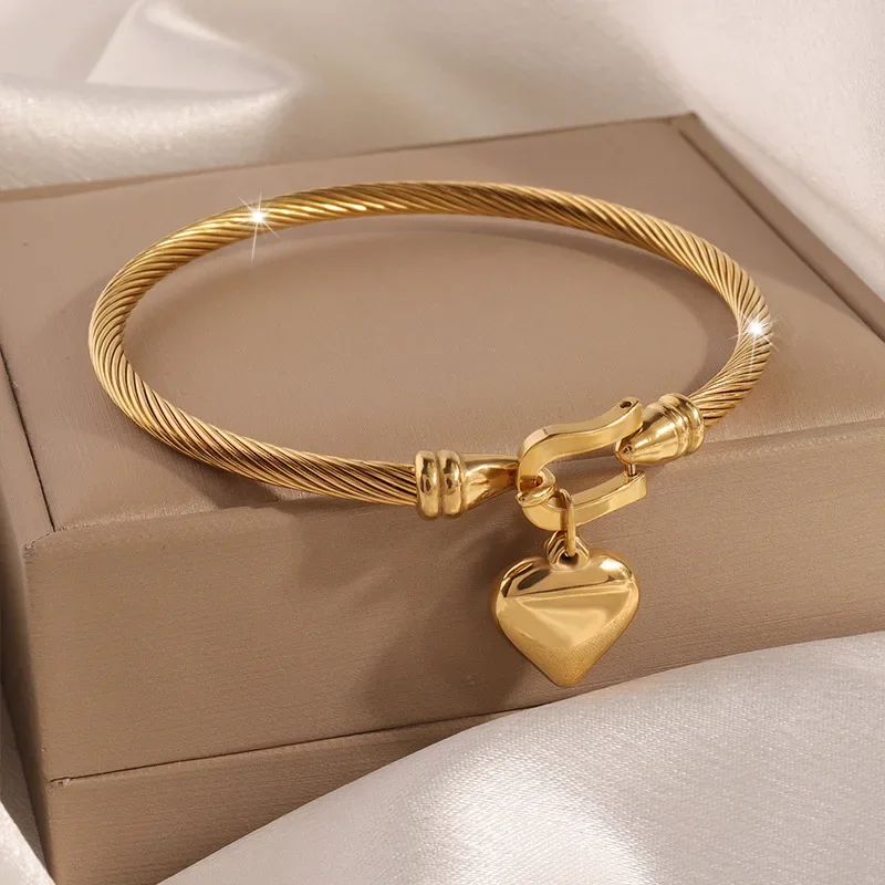 18k Gold Color Stainless Steel Heart Pendant Charm Bangle Bracelets For Men Women