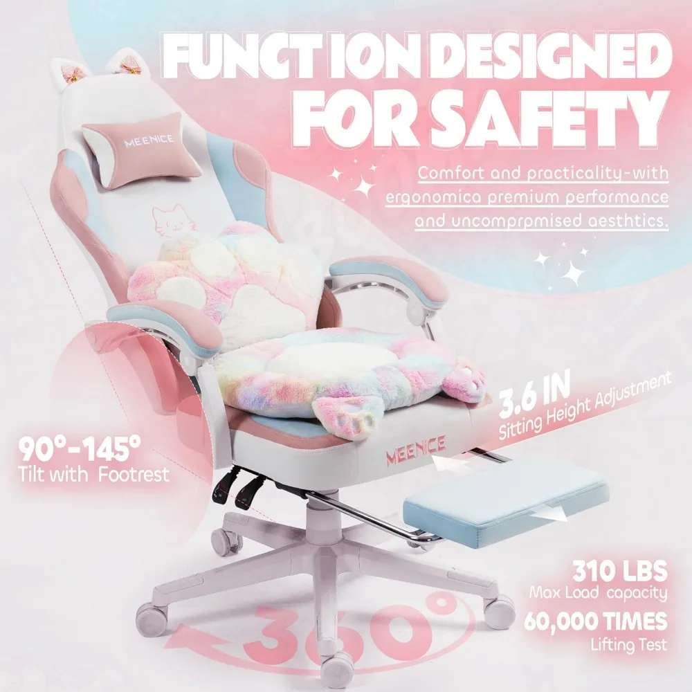 Gaming Chair Cute with Cat Ears Paw Lumbar and Cushion,Ergonomic Computer Chair with Footrest,Reclining PC Game Chair for Girl C