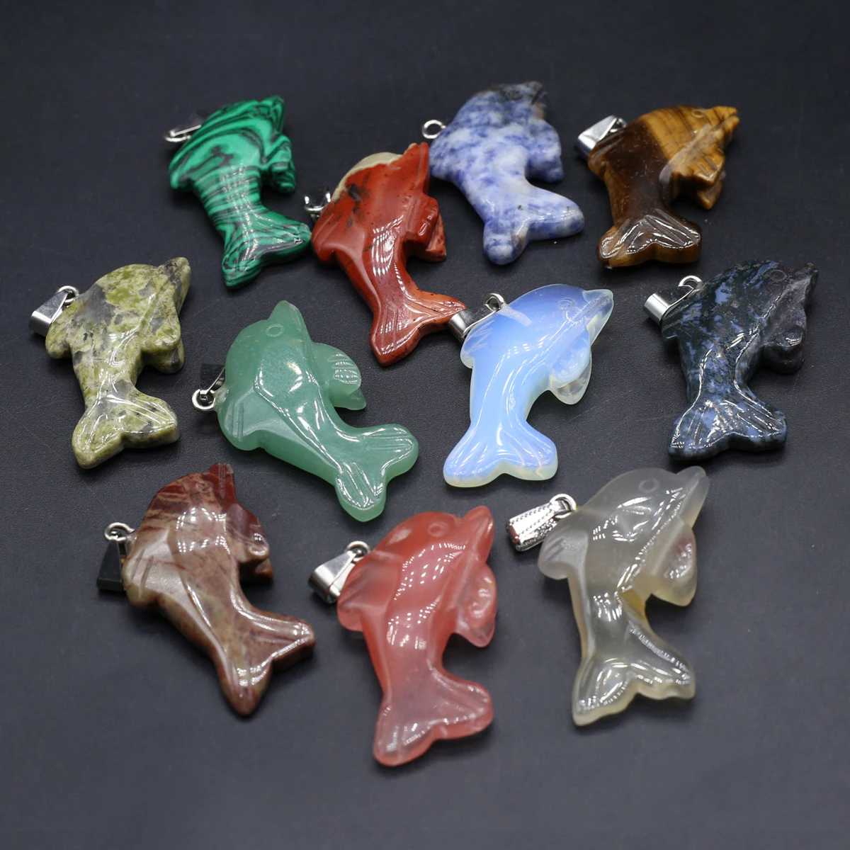 6PCS Wholesale Natural Semiprecious Stone Random Color Dolphin Pendant Jewelry Making DIY Necklace Earrings Accessories Gift