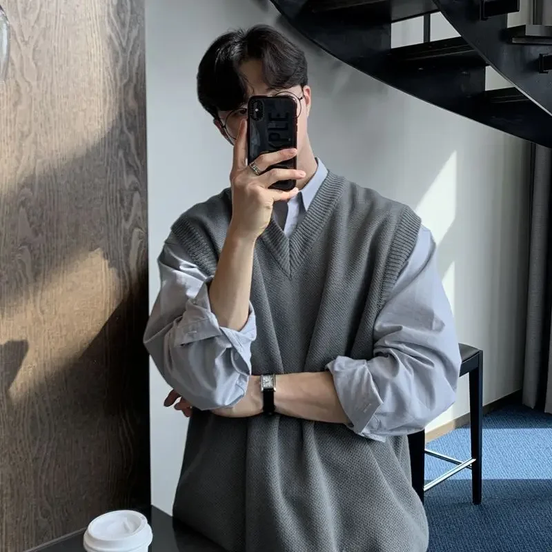 

Knitted Sweaters for Men V Neck Sleeveless Waistcoat Brown Vest Man Clothes Mode Korean Style Maletry 2023 Trend Casual Tops X A
