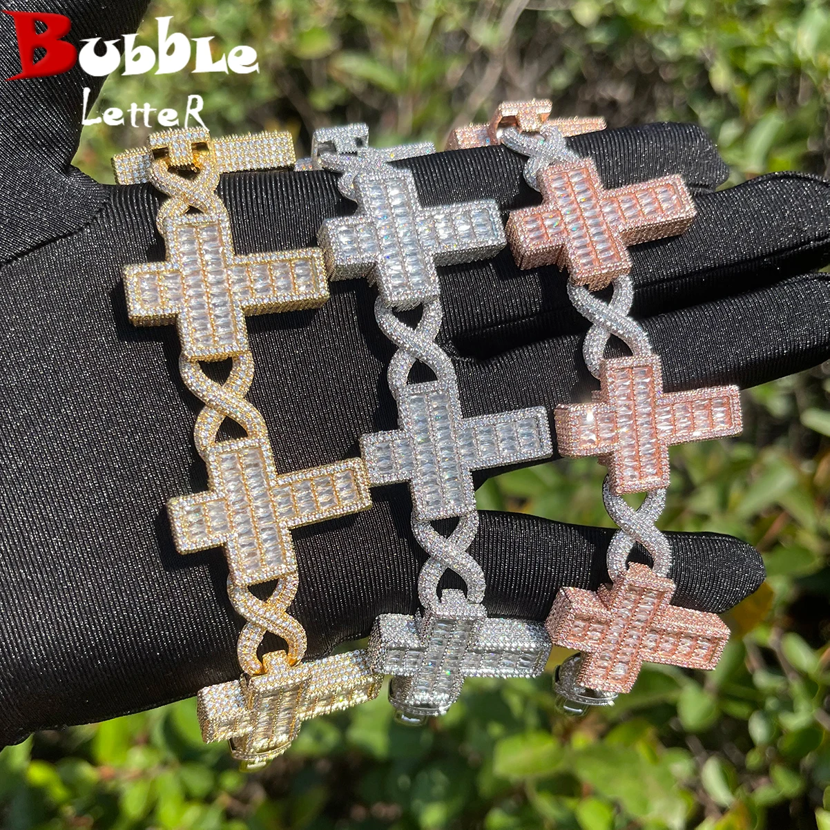 Bubble Letter Iced Out Infinity Link Bracciale Per Uomo Baguette Cross Placcato Oro Reale Cubic Zirconia Gioielli Hip Hop