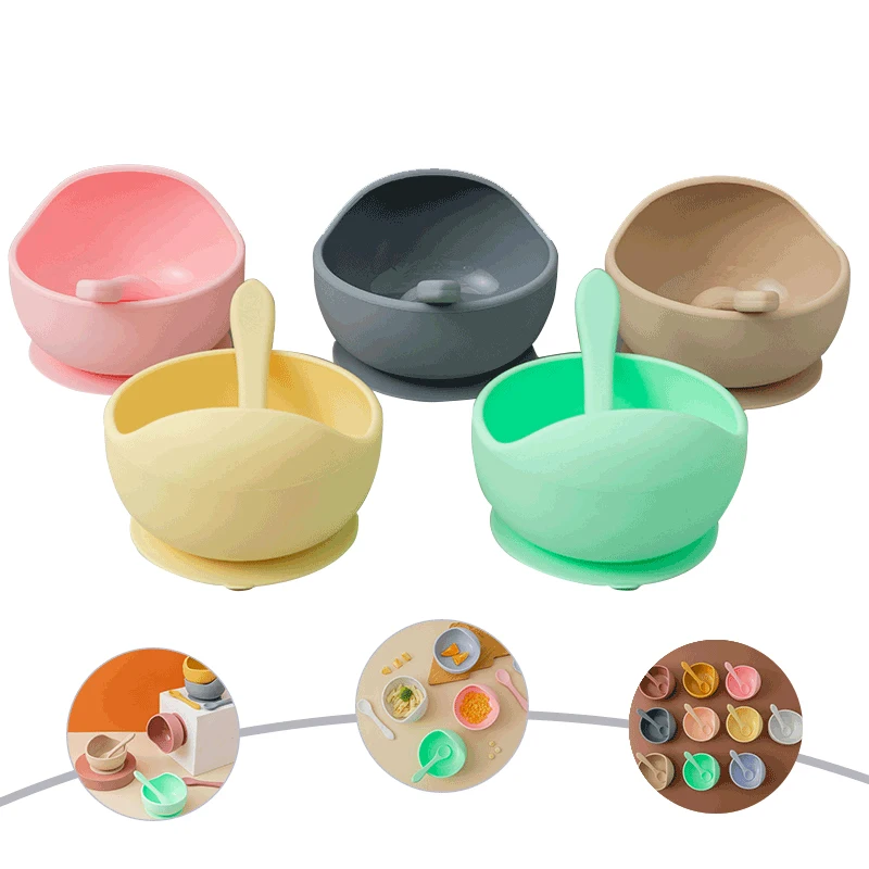 Baby Silicone Bowl Set BPA Free Non-slip Children's Suction Bowl Wooden Handle Silicone Spoon Food Grade Waterproof Tableware