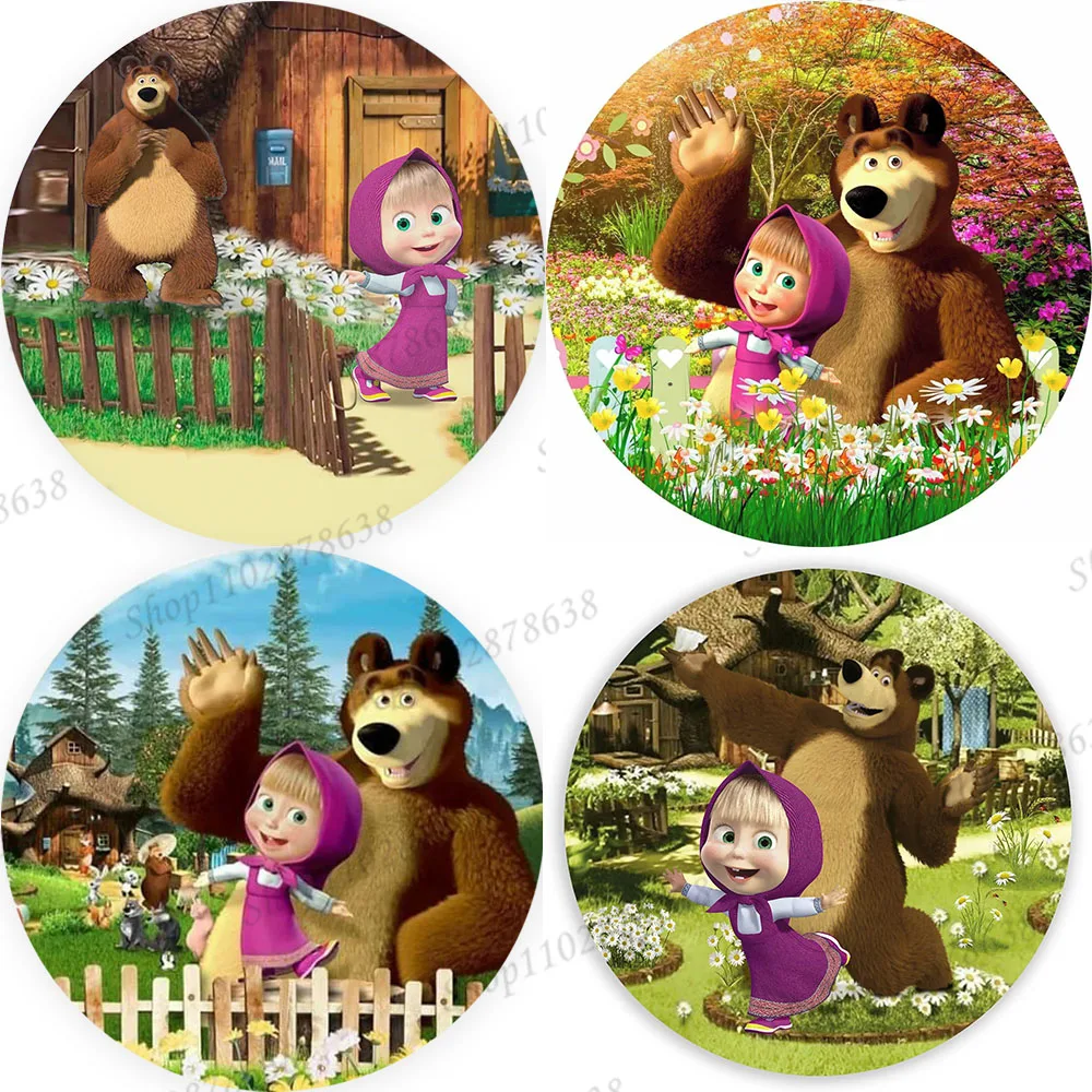 Party Round Fondale Cover Mashas And The Bear Child Red Clothes Girl 1St Happy Birthday Background Wood Baby Shower Banner