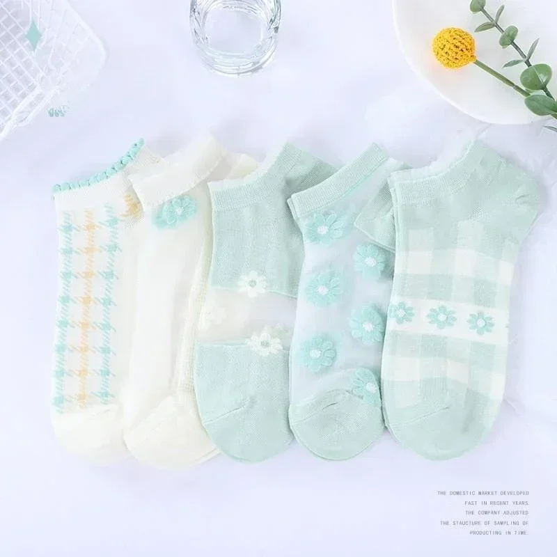 2024 New 6 Pairs of Ppring and Summer Comfortable and Lovely Transparent Sea Glass Silk Crystal Socks