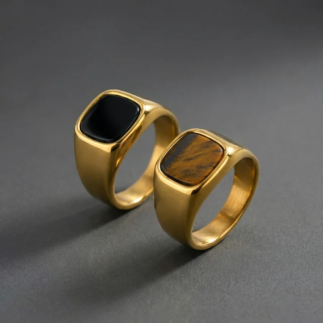91204-4c0307.jpg Bague élégante en pierre naturelle carrée pour homme, bague signet en acier inoxydable étanche, cadeau d'anniversaire pour lui, papa