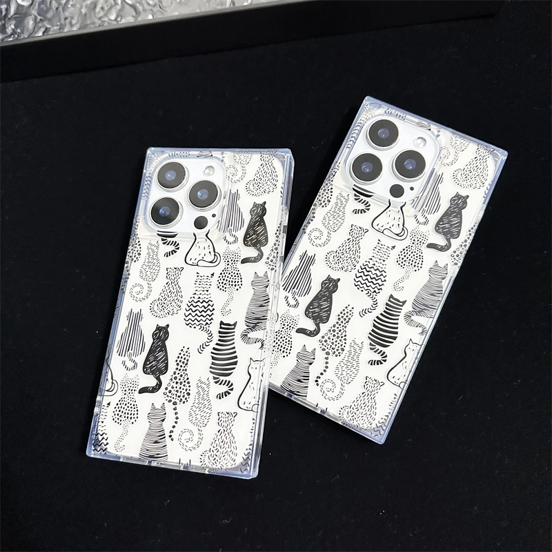 Cartoon Sketch Cats Pattern Right Angled Edge Case For iPhone 16 15 13 14 12 Pro Max Clear Phone Back Cover