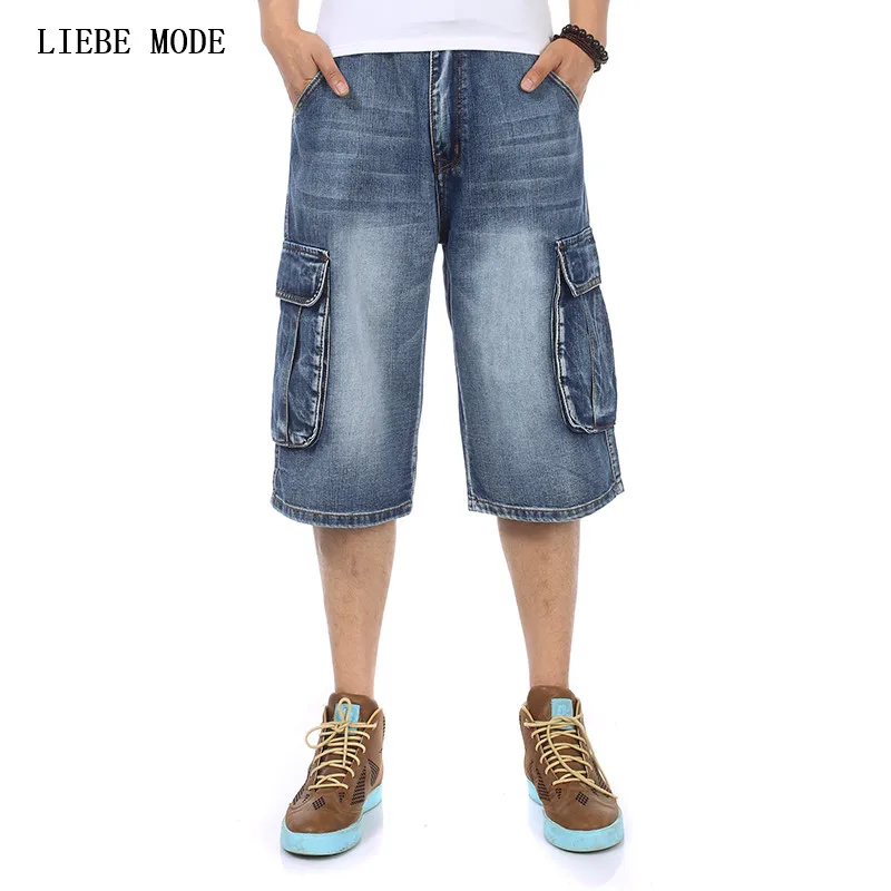 Men's Summer Loose Knee Length Cargo Denim Shorts Men Baggy Short Jeans for Men Baggy Jeans Shorts Multi Pockets Plus Size 44 46