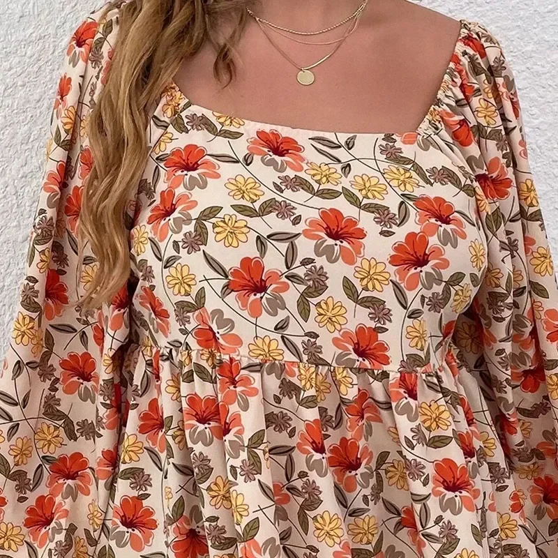 Plus Size Floral Print Square Neck Summer Spring Elegant Peplum Blouse Women Lantern Sleeve Casual Blouse Female Large Size 6XL