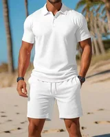 Polo boutonné à manches courtes et Short en maille respirante pour hommes, ensemble d'été décontracté et polyvalent à la mode, grande taille 2