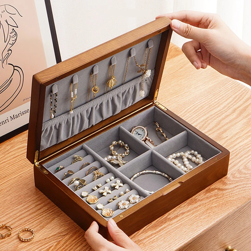 Solid Wooden Jewelry Box Rings Earrings Necklaces Display Case with Lid Vintage Jewelry Organizer Box for Women