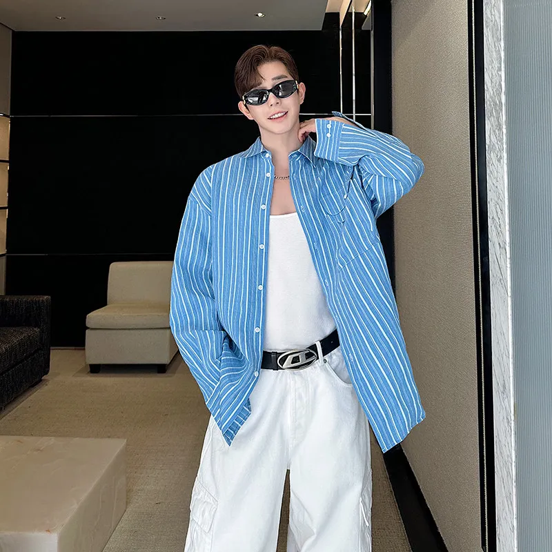 루즈핏 텍스처드 스트라이프 셔츠 재킷 남성 캐주얼 휴가 스타일 얇은 자외선 차단 패셔너블 폴리에스터 리오셀 나일론