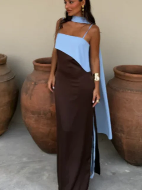 113255-c3d45d.jpg Robe longue de soirée pour femme à bretelles fines, col écharpe, color block, fente haute, longueur ras du sol, pour fêtes