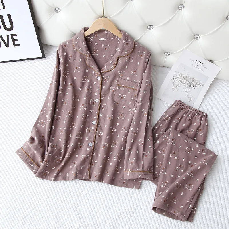 Autumn and winter new ladies pajamas long-sleeved trousers two-piece 100% cotton comfortable and cute cartoon home service suit