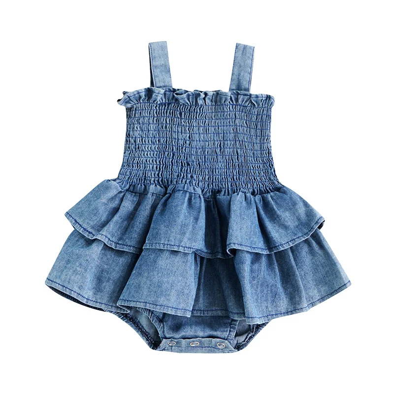Baby Summer Clothes Girl Denim Romper Sleeveless Suspender Pleated Design Ruffle Hem Bottom Snap Button Cute Jumpsuit 1
