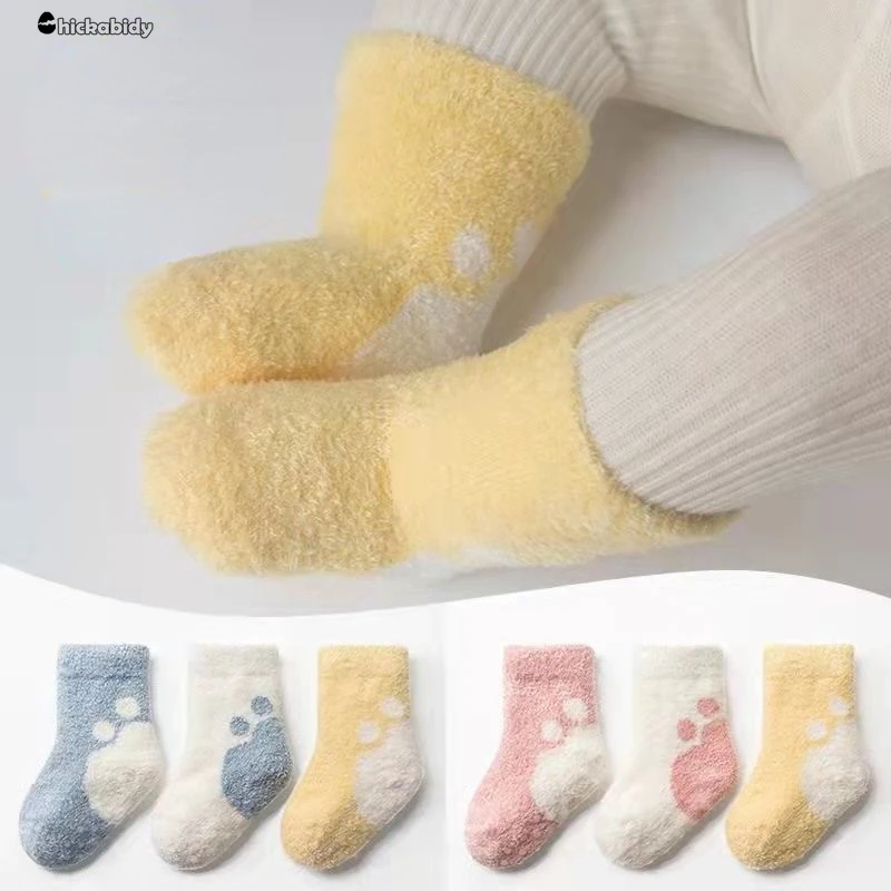 

3 Pairs Warm Coral Feather Yarn Baby Socks Style Children'S Socks with Thick Fur Loops Baby Wool Solid Color Children'S Socks