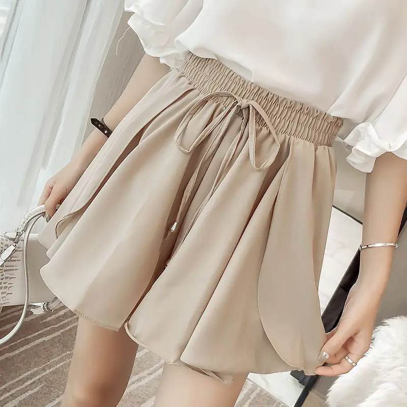 Summer Oversized Loose Solid Color Simplicity Wide Leg Elastic Waist Spliced Drawstring Commute Women's Clothing Chiffon Shorts