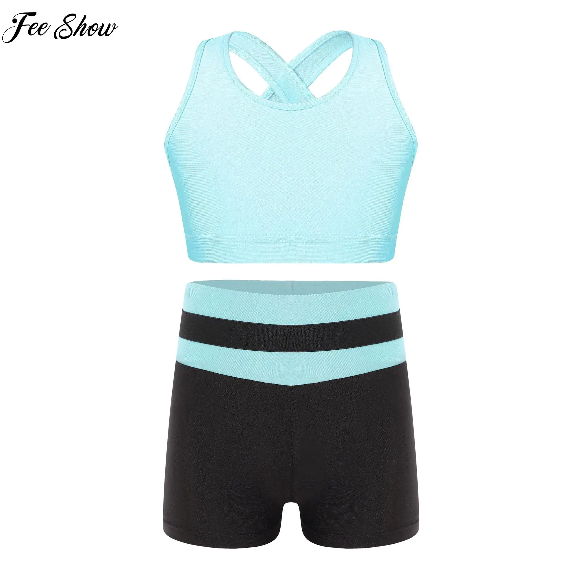 

Kids Girls Sport Dance Outfits Sleeveless U Neck Straps Cross Cutout Back Crop Top with Elastic Waistband Shorts for Running Gym