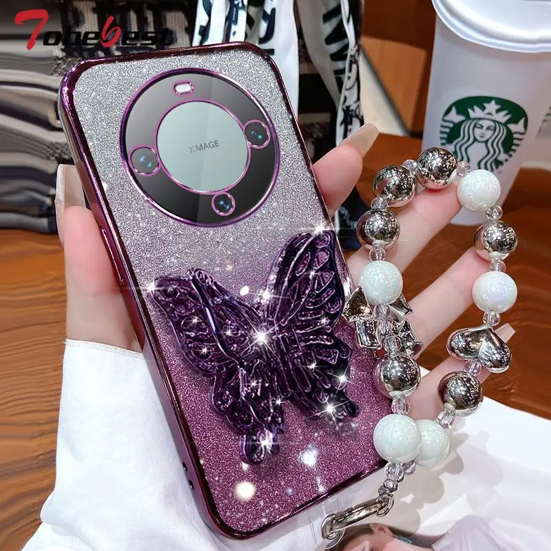 Glitter Plating 3D Butterfly Bracelet Phone Holder Case