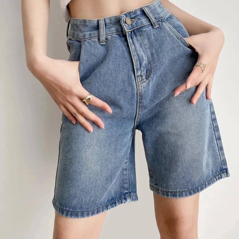 Women High Waist Vintage Denim Shorts Chic Summer 2024 New Mall Goth Loose Korean Fashion Y2k Straight Short Pants Blue Harajuku