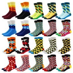 Fashion Funny Men Socks Hip Hop Harajuku Kawaii Cartoon Cotton Socks Grid Dot Pattern Happy Casual Socks Big Size Gifts for Men