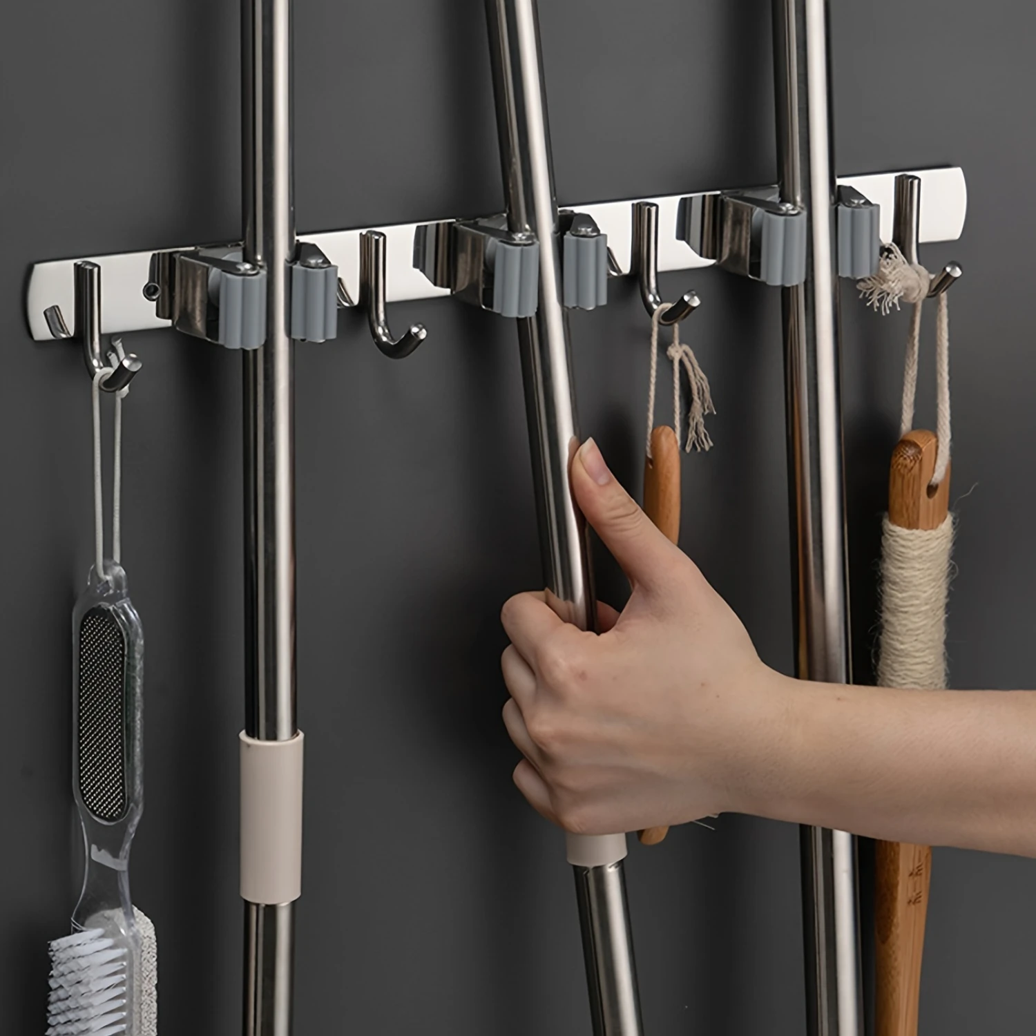 4 Racks With 5 , Silver Broom Holder Mop Hanger Garden Kitchen Tool Organizer 4 Racks, Wall Mounted 5
