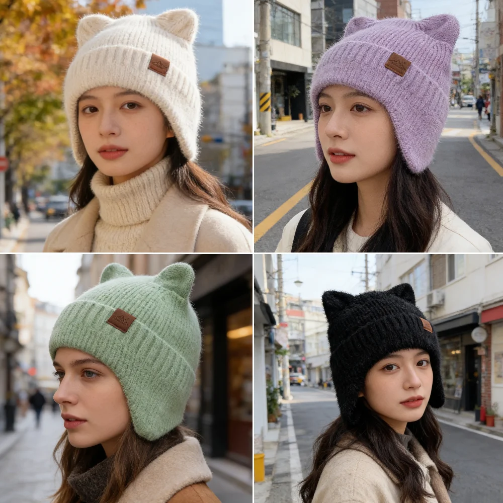 New Candy Colors Earflap Beanie Hat Faux Fur Knitted Hat Cat Ear Soft Lovely Winter Hats For Female Girl Streetwear Hat