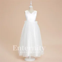 Flower Girl Dresses A-line V Neck Girls Elegant Dresses Ankle-Length Satin Tulle Beading Bow Wedding Dresses Vestidos Para Niñas