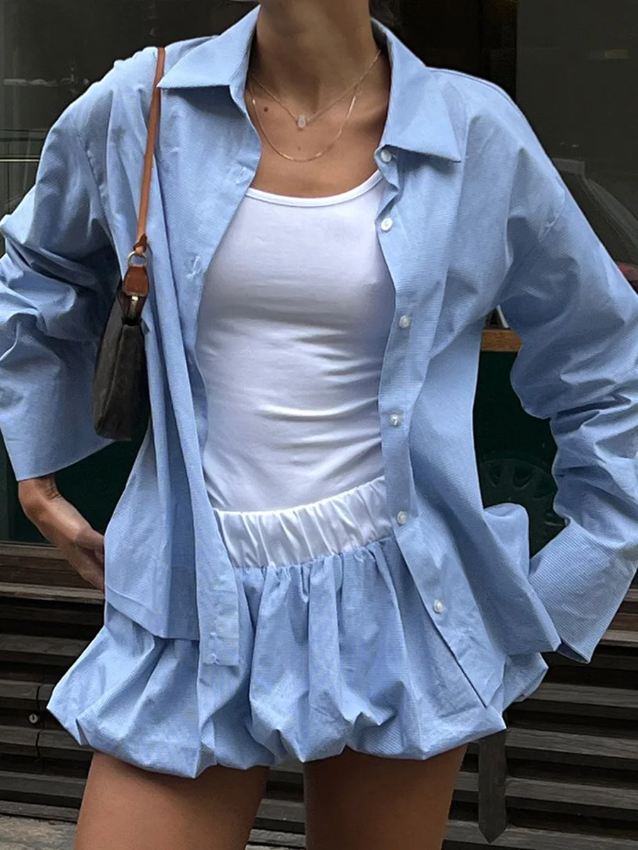 Bornladies Spring Summer New Plaid Shirt Ruched Skort Set Women's  Fashion Skirt Lazy Oversized Long Sleeve Shirt 2-Piece Outfit