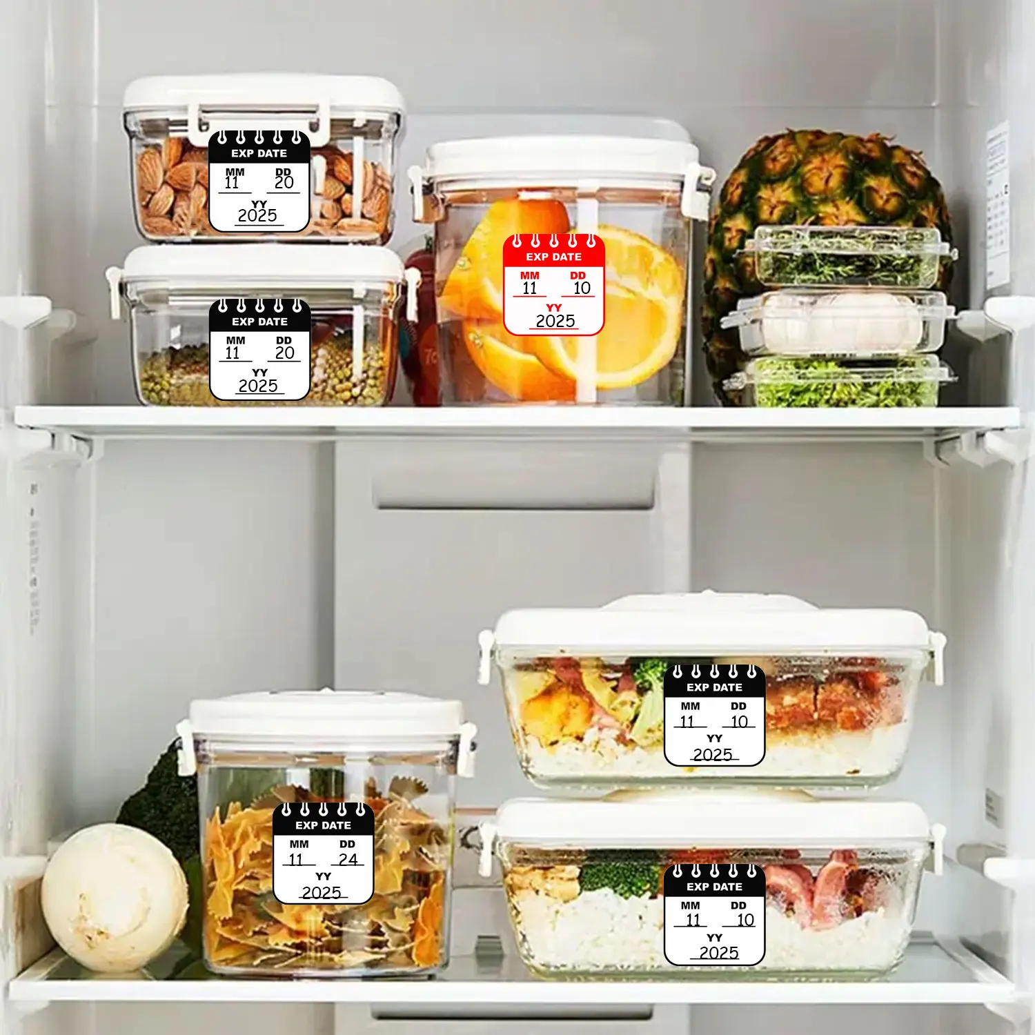 1롤(200개) 유통기한 식품 회전 기간 스티커 검정색 지워지는 펜 포함 1.18*1.18'' 안전 날짜 냉동실 팬트리 인덱스 라벨