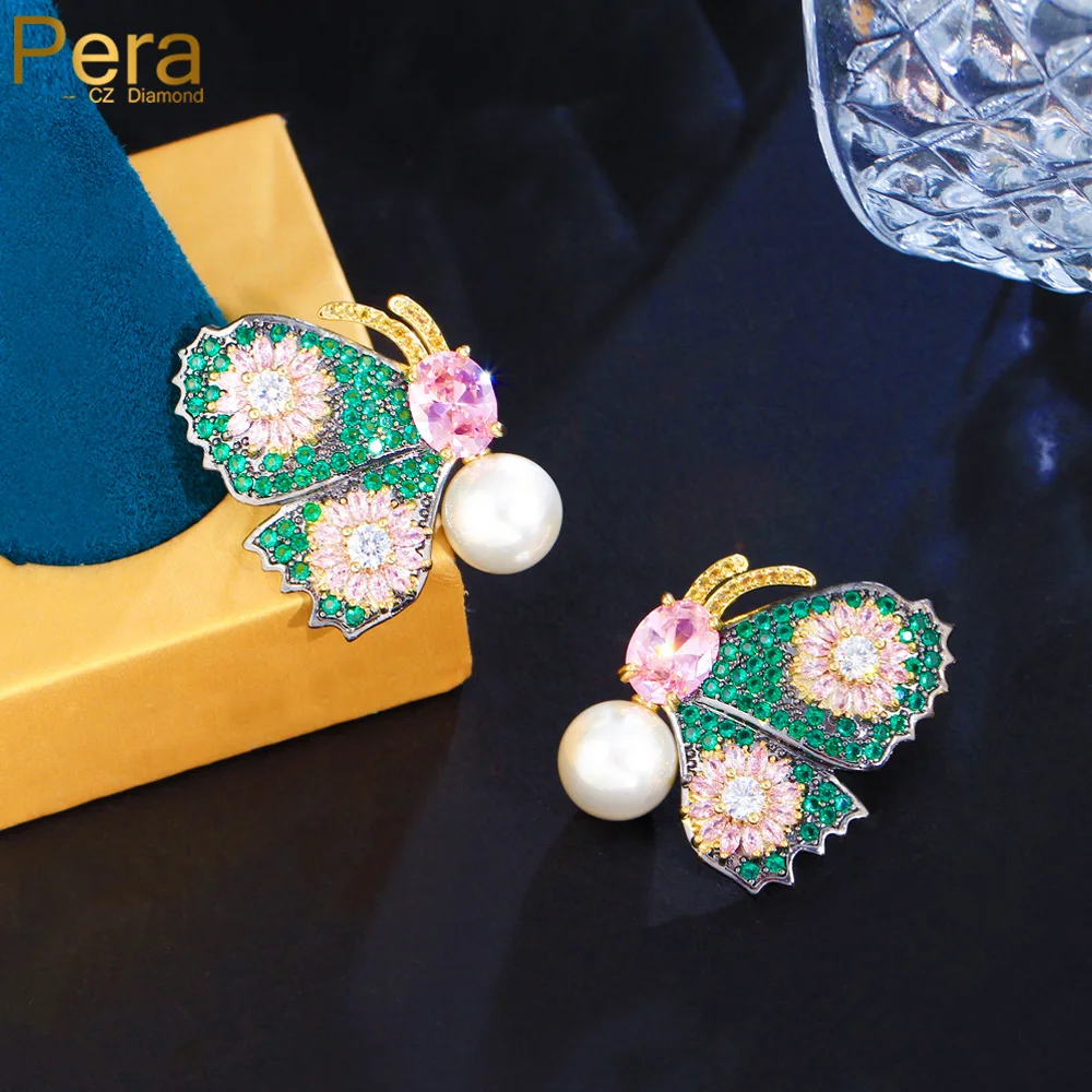 Pera 2023 New Fashion Flower Butterfly Shape Green Pink Cz Zircone Hanging Pearl Drop Earring Per Le Donne Gioielli Da Sposa Regalo E084