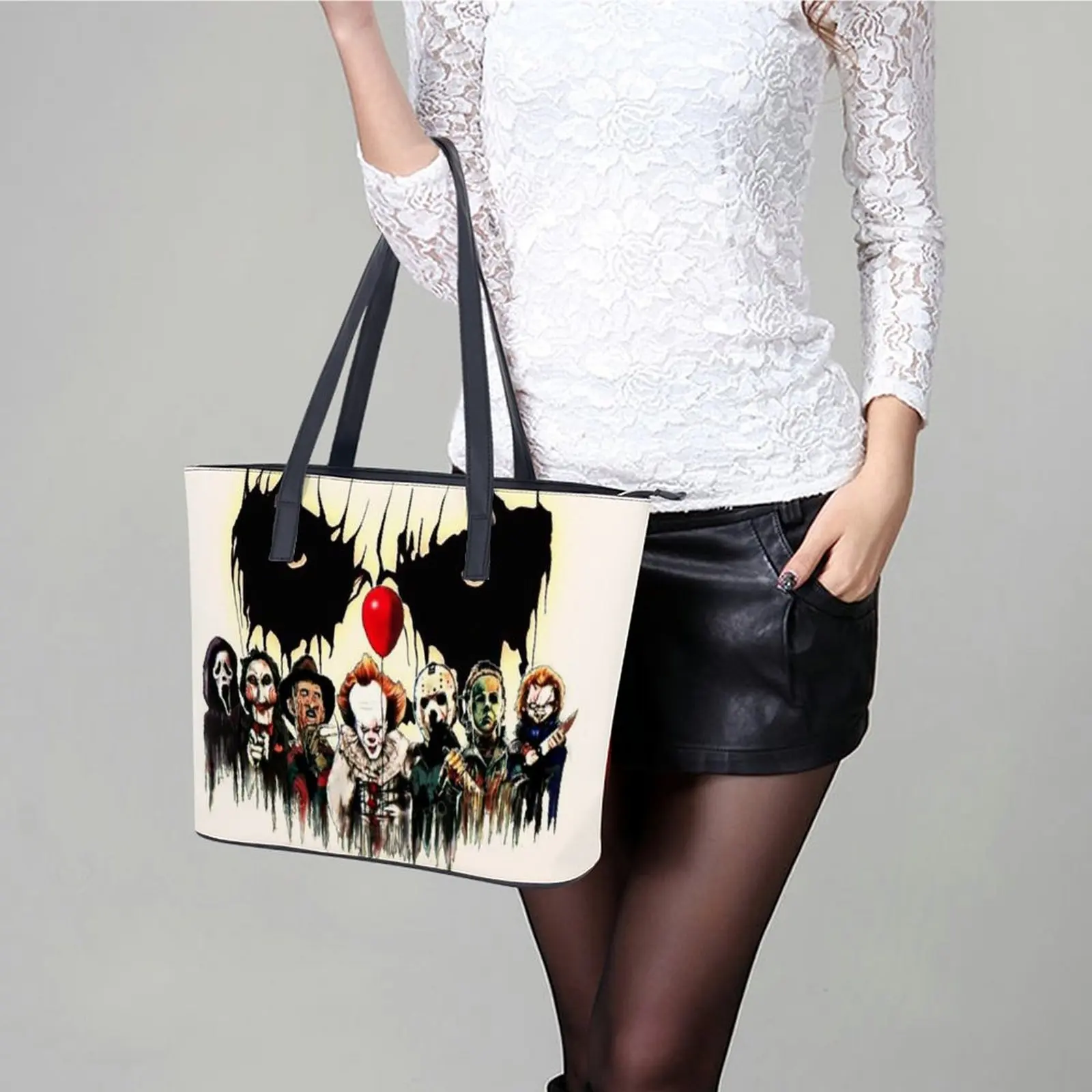 Halloween Horror Team Friends Handbags Jason Voorhees College Tote Bag Cool Shoulder Bag Print Handle PU Leather Shopper Bags 6