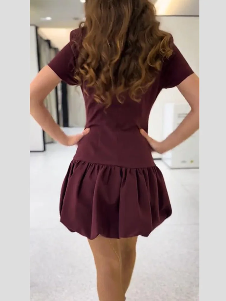 Kurzärmliges Ballon-Plissee-Minikleid für Damen, Rundhals-Abendkleid mit Taillenschnürung, Schlankes Cocktailkleid, Frühlings-Chic-Damenrobe – Detail 13