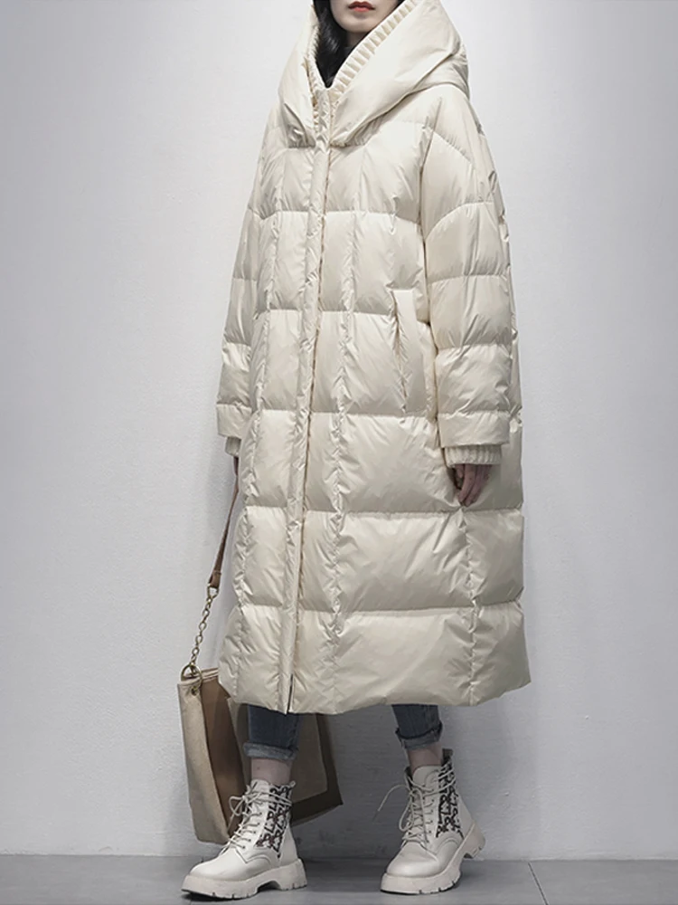 Black White Hooded down jacket for women Winter Oversized Thick warm 90% White duck down coat Long Feathers Outwear INKEO 3O234