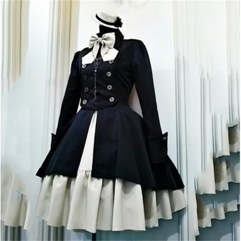 2024 Vintage Gothic Lolita Dress OP Ruffle Bow tie Button Lace Up Knee Length Dress Long Sleeve Sweet Dress 3