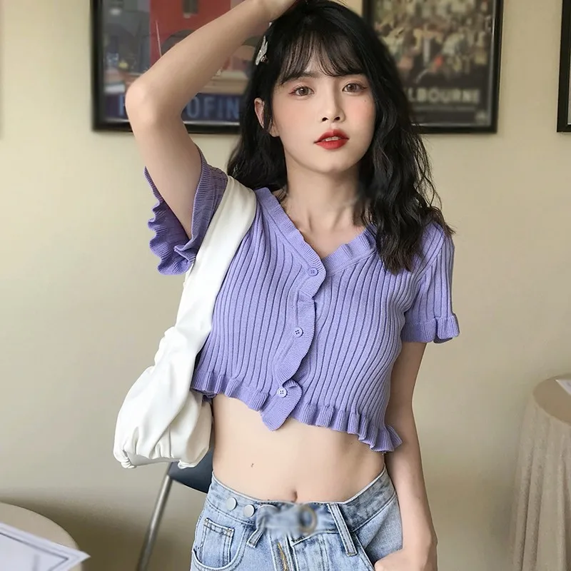 

Women Fashion V-neck Button Ruffled Short Section Exposed Navel Knitted Short Sleeved Cardigan One Size 6 Colors