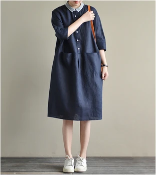 Retro Japanese Style Cotton Linen Dress Women Loose Slimming Patchwork Linen Shirt Dress A-Line Skirt Long Sleeve Summer 1