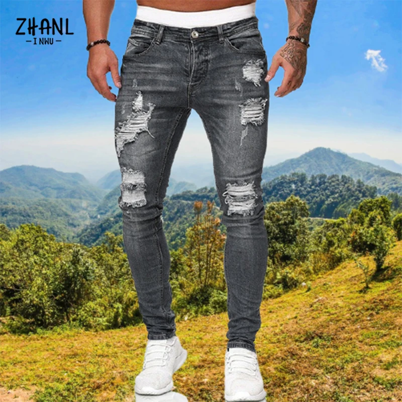 Men's Fashion Ripped Jeans Streetwear Mens Black Jeans Slim Fit Hip Hop Skinny Pants High Quality Denim Clothing Casual Trousers 3