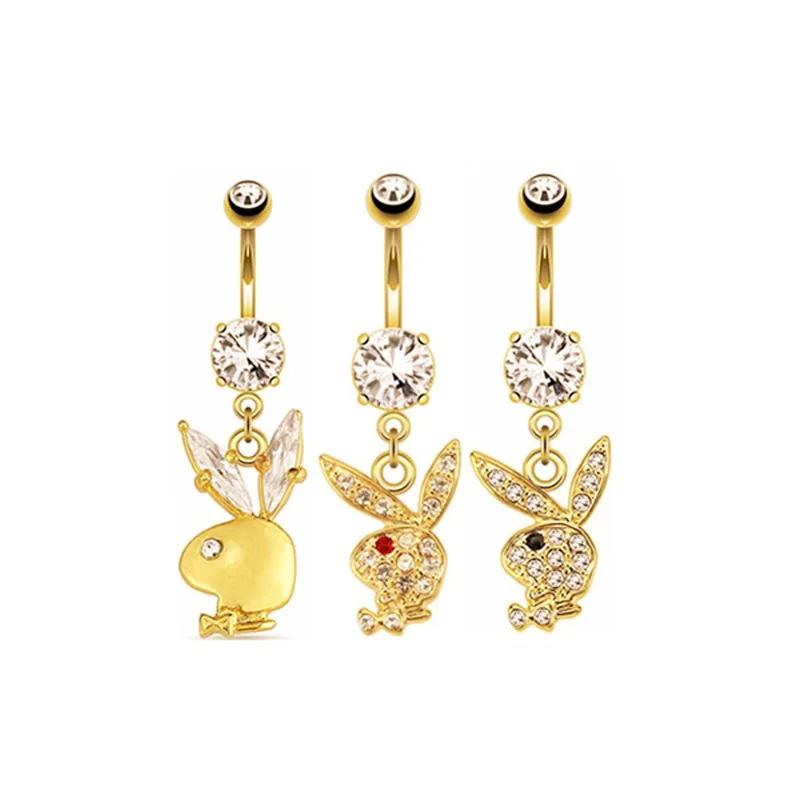 Belly Button Rings Bunny Navel rings Gold color Rabbit Belly Rings for Women Gem stone Pink Bunny Fake Piercing Ring 1pc