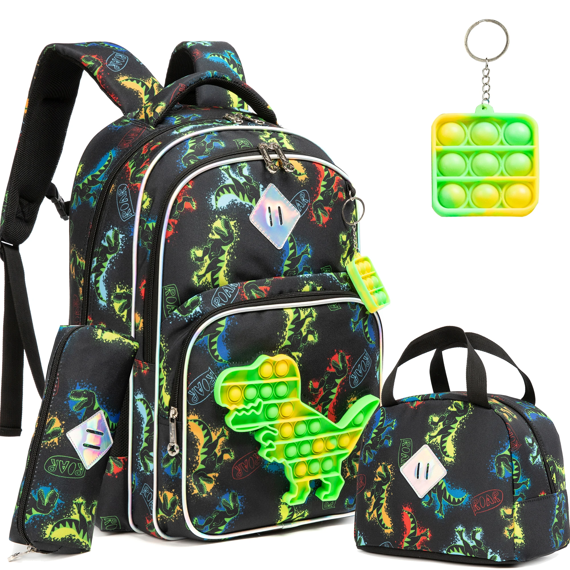 

School Backpack for boys with Lunch Box for Elementary School Students with POP Unwrapped Toy Pendant