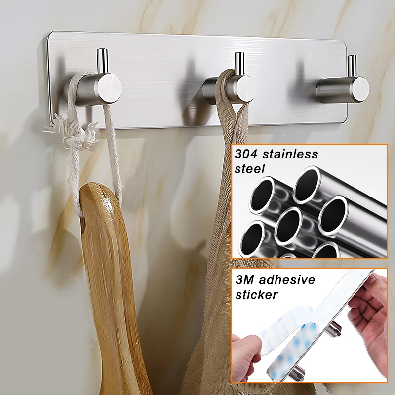 Stainless Steel Self-Adhesive Hooks Towel Holder Coat Hooks Strong Hardware Hanging Hook Metal Sticky Bathroom Accessories towel hooks towel holder bathroom hooks bathroom hardware set
