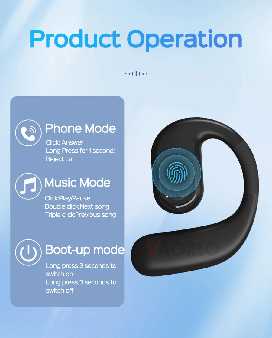 VAORLO Ear-hook Bluetooth 5.4 Business Earphone 180° Rotation Open Ear Headset With Mic Long Battery Life HiFi Stereo Headphone