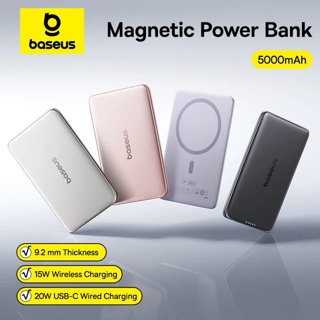 Baseus 5000mAh Magnetic Power Bank 15W Wireless 20W Wired Charging Thin Card-Sized Slim Portable Powerbank for iPhone 17 Samsung 1