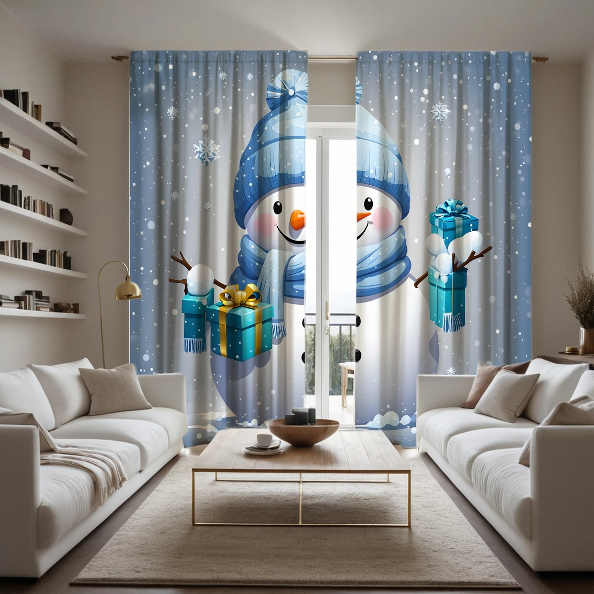 2pcs set HD Christmas gift snowman decoration curtain Blue tie digital printed curtain Home Decoration style Decoration livin 3