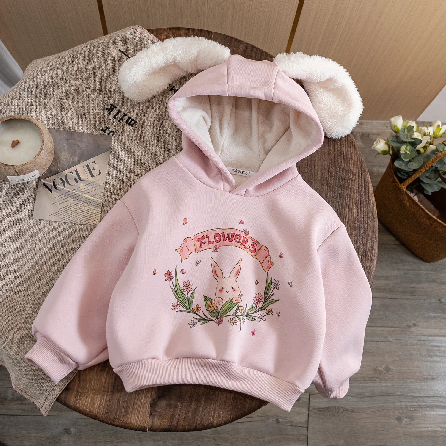 thumbnail image 1 of Sudaderas con capucha para niñas, suéteres gruesos de invierno para niños, además de chaquetas de terciopelo para niños, prendas de abrigo con orejas de conejo para niños pequeños, suéter para bebé, r, 1 of 5