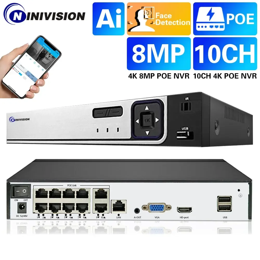 

10Ch POE NVR H.265 Xmeye 4K 8-канальный видеорегистратор с обнаружением лица, аудио Onvif P2P для POE 8MP 5MP IP-камеры видеонаблюдения 8CH