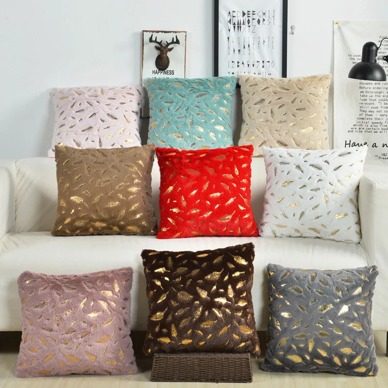 

Soft Fur Feather Pillowcase Throw Cushion Gold Stamping Pillowcase Plush Seat Sofa Cushion Cover Bed Decor Home Decor